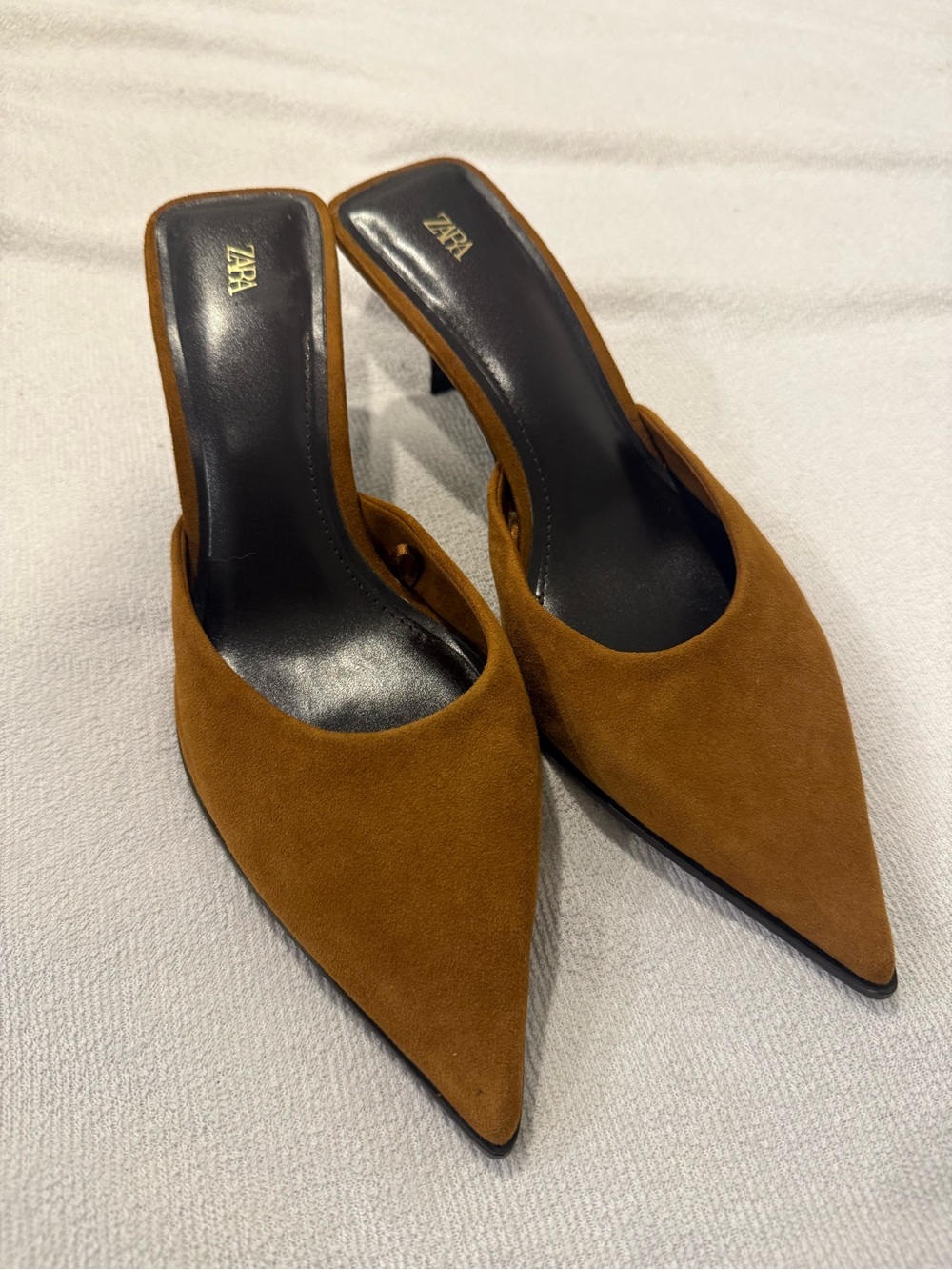 Zara Tan Pointed Suede Mule Heels
